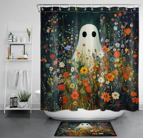 Miniatura 13 de Cortina de ducha de Halloween, cuervo negro, murciélago y árbol muerto en un bosque brumoso espeluznante con ganchos, cortina de baño de noche