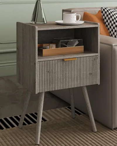 Miniatura 8 de Veegle Mesita de noche, moderna mesita de noche con cajón de almacenamiento y estante de madera abierta, mesita de noche decorativa con patas