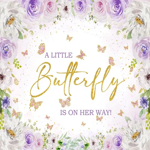 Miniatura 7 de Avezano Telón de fondo de mariposa para baby shower, flores moradas, manchas doradas, con texto en inglés "A Little Butterfly is on the Way", fondo