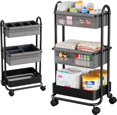 Modanais Carrito organizador de pañales para bebé, carrito de almacenamiento rodante de 3 niveles con ruedas, artículos esenciales para bebé para
