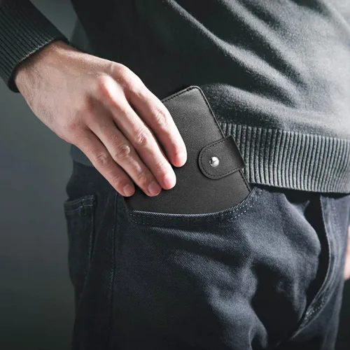 Miniatura 4 de Polare - Cartera de pasaporte de viaje plegable de cuero de grano completo para hombre, delgada con bloqueo RFID, Negro -, Slim