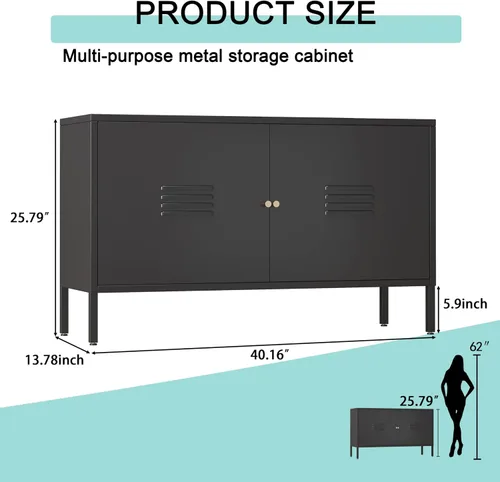 Miniatura 3 de Gabinete de almacenamiento de metal, soporte de TV de 2 puertas, armario decorativo con puertas y estante ajustable, armario de metal, mesita