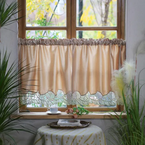 Miniatura 2 de SUTAVIA Juego de 2 cortinas clásicas de encaje rosa para cocina, cortinas de cafetería, cortinas de satén dorado con bolsillo para barra