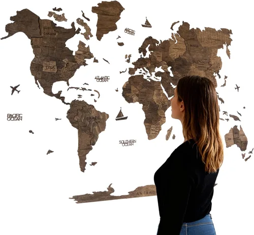Miniatura 12 de Arte de pared de madera 3D hecho a mano con mapa del mundo en relieve, decoración de pared grande, rastrea tus viajes por el mundo - Especial