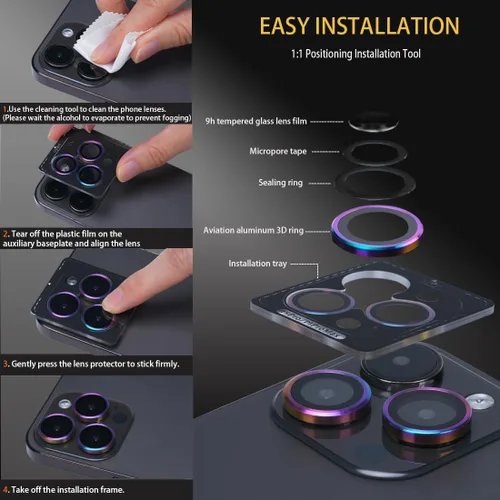 Miniatura 6 de Protector de lente de cámara para iPhone 15 Pro Max, protector de lente de vidrio templado con anillo de aleación de aluminio, compatible con iPhone
