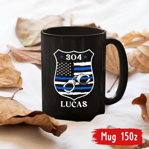 Miniatura 5 de Taza de café personalizada con nombre de la policía con nombre de la policía, con línea azul fina, 11 onzas y 15 onzas Taza negra de la bandera
