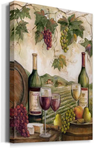 Miniatura 2 de Renditions Gallery Arte de pared de viñedo, decoración de vino rojo y blanco, queso y uvas, arte escénico para cocina o comedor, lienzo de alta