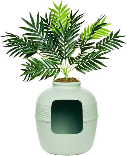 Miniatura 25 de Good Pet Stuff Caja de arena oculta para gatos con planta artificial, maceta redonda decorativa, filtro de carbón con ventilación para control