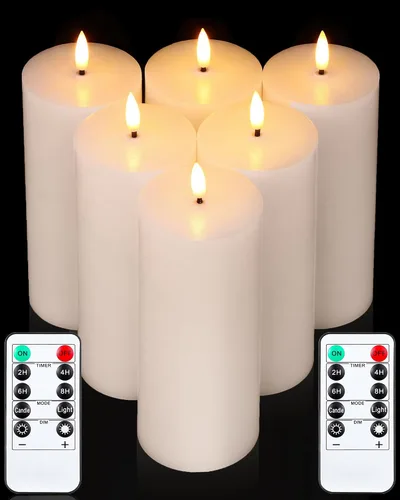 Miniatura 10 de VIHOSE Juego de 6 velas blancas sin llama con control remoto y temporizador, velas parpadeantes sin llama con batería, pilar LED de parte superior