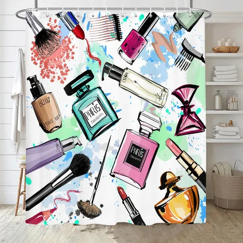 Miniatura 4 de JAWO Cortinas de ducha cosméticas para mujer y niña, elegante perfume de acuarela y lápiz labial, juego de cortinas de baño de tela con ganchos, Azul