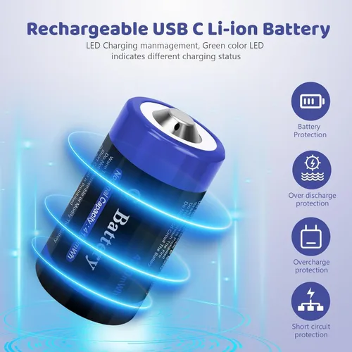 Miniatura 3 de Baterías recargables de litio de celda C con cable de carga USB-C 4 en 1, paquete de 8 unidades de 1.5V 4100mWh de celda C de iones de litio