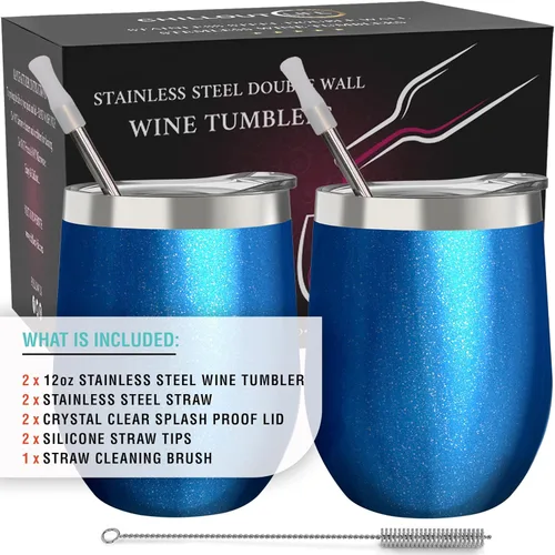 Miniatura 5 de CHILLOUT LIFE Vasos Tumblers de Vino de Acero Inoxidable de 12 onzas Paquete de 2 - Vasos de Vino con Aislamiento al Vacío de Doble Pared con Tapas
