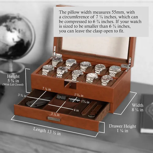 Miniatura 2 de ROTHWELL Caja de reloj de cuero de 10 ranuras con cajón de valet, organizador de exhibición de lujo con forro de microgamuza ultrasuave, soporte