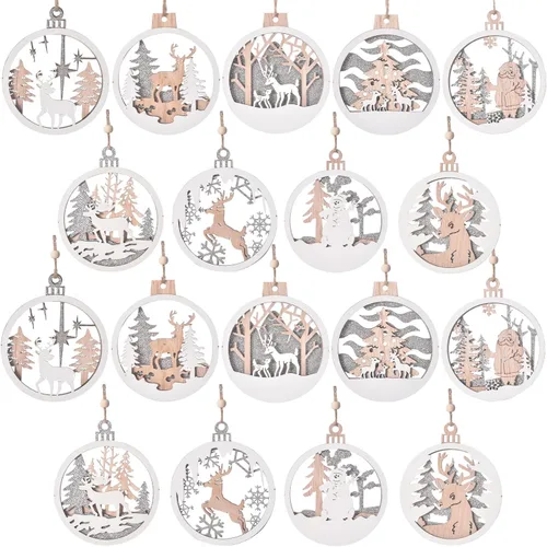 18 adornos de Navidad, decoración rústica de IDATOO Farmhouse Winter Wonderland con purpurina, escenas en capas 3D, adornos de madera, decoración