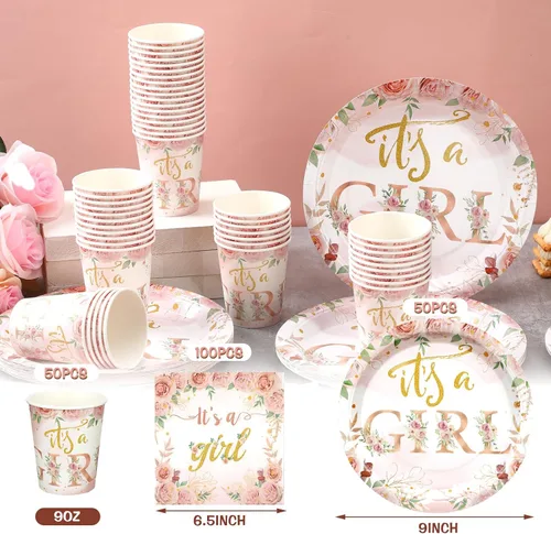 Miniatura 4 de Hushee 200 piezas de platos de papel, servilletas y vasos florales para baby shower, juego de vajilla para fiesta de baby shower, vasos y Rosa