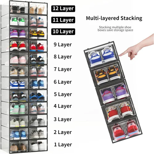 Miniatura 4 de Paquete de 12 cubos de almacenamiento de zapatos, organizador de zapatos apilable de plástico transparente para armario, zapatero plegable que