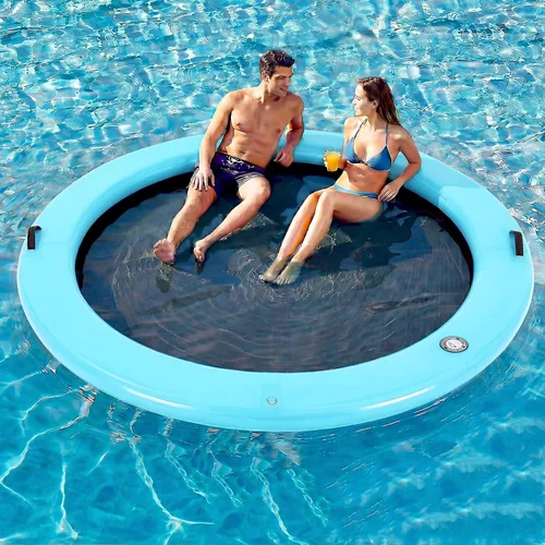 Miniatura 9 de 6-12FT Round Inflatable Floating Dock, Sunchill Float Ring, Water Hammock Tanning Pool Floats with Woven Fabric, Manual Pump for Quick Azul