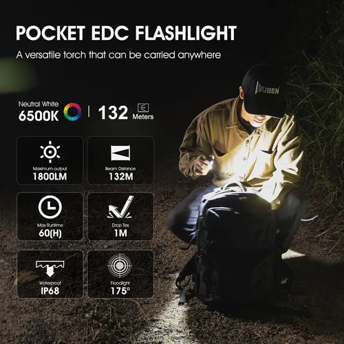 Miniatura 3 de WUBEN Linterna E7 EDC, Linterna Mini de 1800 Lúmenes Recargable, Linterna Pequeña Súper Brillante, 6 Modos IP68 Impermeable Incorporado Luz de Mano