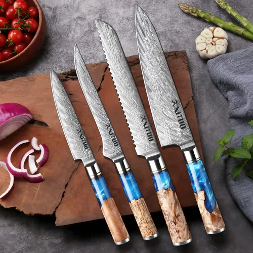 Miniatura 9 de XITUO VG10 Juego de cuchillos de chef japoneses de acero Damasco de 4 piezas, resina azul y mango de madera, cuchillo de chef de 8 pulgadas