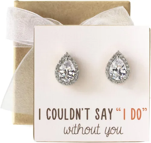 Miniatura 2 de Regalo de joyería de dama de honor de boda, poste de lágrima de pera o aretes de clip en oro, oro rosa, plata, Oro rosa Plata, Circonia cúbica