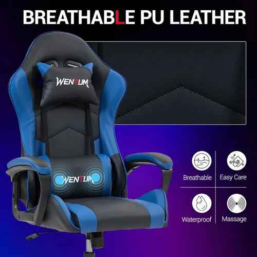 Miniatura 7 de Silla gamer de piel sintética con masaje, para PC y videojuegos, con soporte lumbar para hombres y mujeres, para el hogar y la oficina, altura Azul