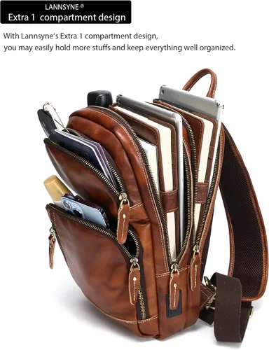 Miniatura 2 de LANNSYNE Bolso bandolera de cuero de grano completo para hombre, mochila cruzada para el pecho para iPad de 10.5 pulgadas
