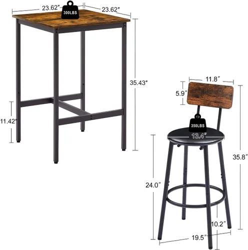 Miniatura 8 de Anwick Juego de mesa de bar y sillas de 3 piezas para pub y 2 taburetes con respaldo, juego de mesa auxiliar de desayuno para espacios pequeños