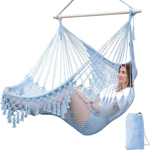 Chihee Silla Hamaca Colgante Súper Grande de Cuerda de Algodón Hilado Suave Tejida, Barra Separadora de Metal Resistente Plegable Asiento Ancho Azul