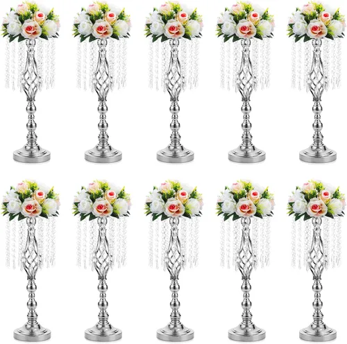 Miniatura 13 de Sziqiqi - Centro de mesa elevado floral dorado para mesa de boda de 21.7 pulgadas de altura con centros de mesa de flores de cristal y cuentas