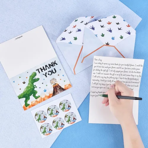 Miniatura 5 de WERNNSAI 24 tarjetas de agradecimiento de dinosaurio, decoraciones de fiesta de dinosaurios, tarjetas de agradecimiento para niños con sobres, Niño