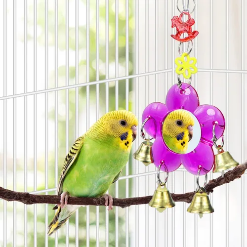 Miniatura 6 de Juguete de espejo de pájaro colgante Campana de timbre colorido columpio jaula de juguete con sonido dulce para loro pequeño mediano periquito