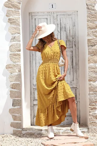 Miniatura 4 de PRETTYGARDEN - Vestido bohemio de manga corta con cuello en V y plumetí con volantes, vestido maxi fruncido de cóctel