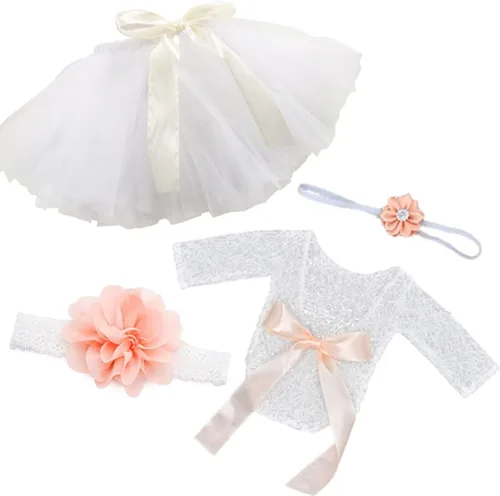 4 piezas de accesorios de fotografía para recién nacidos, tutú para bebé, lindo lazo para el pelo y mameluco de encaje, diadema de flores para bebés