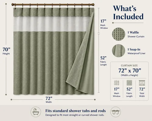 Miniatura 6 de Cortina de ducha con tejido de punto gofre, con forro de tela impermeable a presión, ventana superior de malla, resistente al agua, lavable a