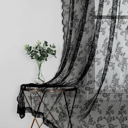 Miniatura 2 de Cortinas traslúcidas de encaje negro de 108 pulgadas para dormitorio, cortinas clásicas con bordado de rosa negra, cortinas traslúcidas de punto