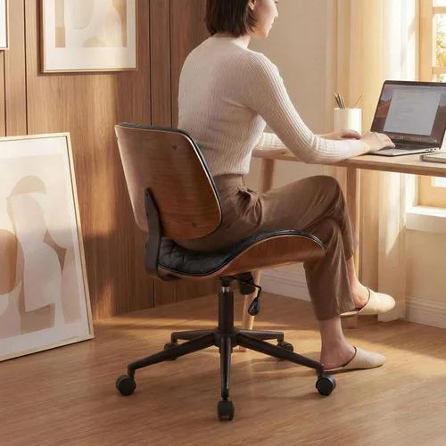Miniatura 2 de Furnimart Silla de escritorio pequeña sin brazos con ruedas, silla giratoria de piel sintética de 360° para dormitorio, silla de trabajo compacta