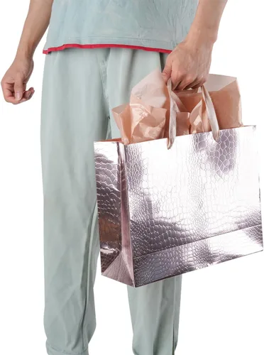 Miniatura 3 de Lyforpyton Bolsas de regalo grandes de oro rosa con papel de seda y tarjeta de 13 x 10.2 x 4.3 pulgadas, bolsa de regalo con patrón de cocodrilo