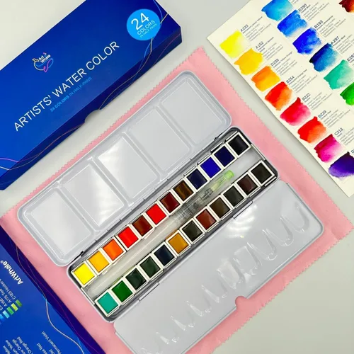 Juego de pintura de acuarela de 24 colores en medias sartenes, caja de estaño y pincel de agua, pigmentos de grado profesional