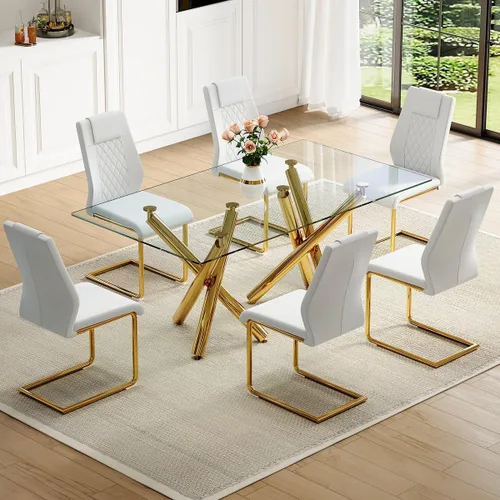 Juego de mesa de comedor de cristal para 6,71 pulgadas, mesa de comedor para 6, mesa de cocina rectangular grande de vidrio templado y 6 sillas de