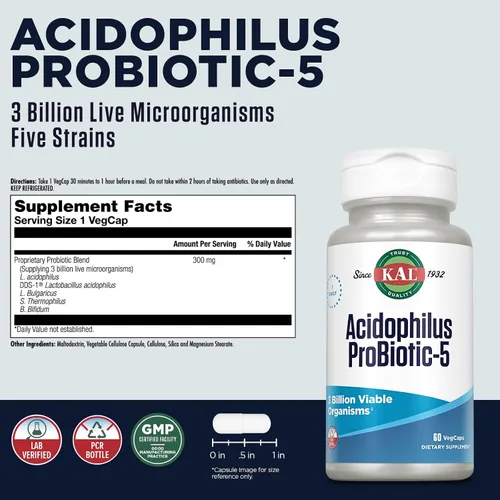 Miniatura 2 de KAL Acidophilus Tabletas, probiótico-5 cápsulas, 3 bilis, 60