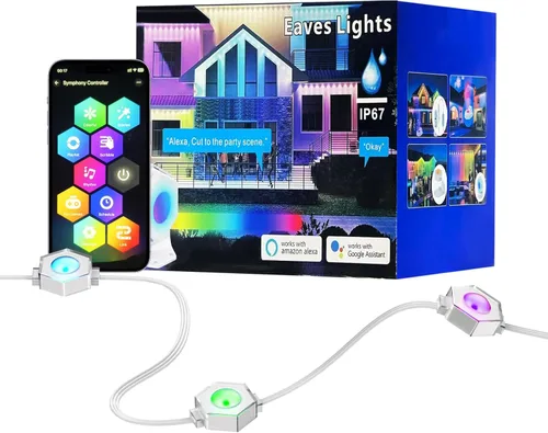 Luces permanentes para exteriores para casa, 50 pies, 30 luces inteligentes RGB+IC de Navidad en el exterior, 16 millones de colores de bricolaje,