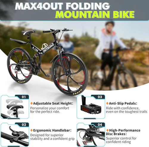 Miniatura 3 de Max4out Bicicleta de montaña plegable de 26 pulgadas, bicicleta de suspensión completa de 21 velocidades, freno de doble disco, neumático