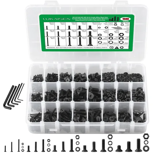 Miniatura 23 de Surtido de 1500 piezas de tornillos, tuercas y arandelas, kit de pernos y tuercas métricos M2 M3 M4 M5 M6 con cabeza hexagonal de casquillo, acero