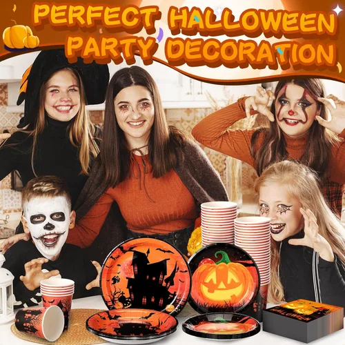 Miniatura 6 de Sliner 180 piezas de suministros para fiesta de Halloween, platos, servilletas, vasos, servir, 30 platos desechables de Halloween, platos de postre