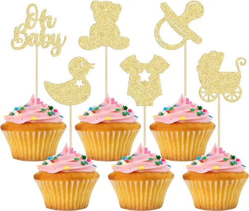 Miniatura 10 de Gyufise 36 piezas Adornos para cupcakes de baby shower con purpurina, chupete, carrito de bebé, oso, Oh Baby, púas para cupcakes para revelación