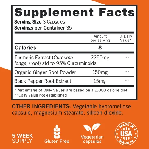 Miniatura 5 de Curcumina de cúrcuma con pimienta negra y jengibre, Qunol 2400 mg tumérica y jengibre, cápsulas de cúrcuma, suplemento de apoyo articular, 95%