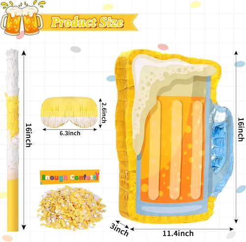 Miniatura 2 de Sratte Piñata de cerveza con palo y venda de los ojos con confeti, taza de vidrio para colgar, decoración mexicana para cumpleaños, despedida
