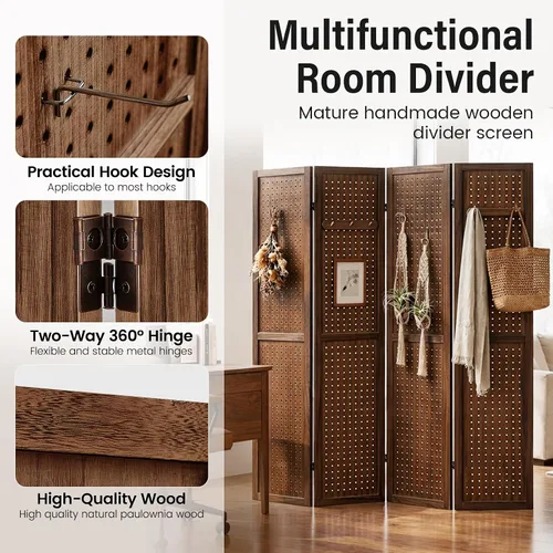 Miniatura 4 de Divisor de habitación de tablero de clavijas de 4 paneles, pantalla de privacidad plegable de 5.6 pies, organizador de madera independiente