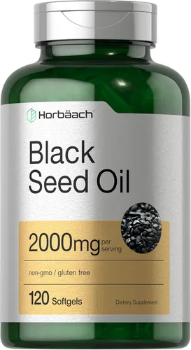 Horbäach Cápsulas de Aceite de Semilla Negra Prensado en Frío | 2000mg | 120 Unidades | Suplemento con Omega 6 y 9 | Nigella Sativa | Sin GMO y Sin