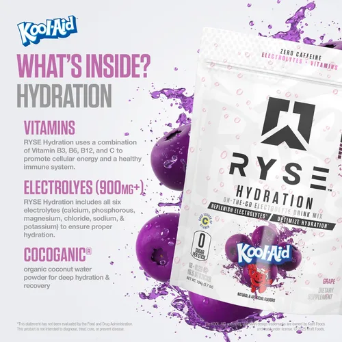 Miniatura 4 de RYSE Hydration - Paquetes de mezcla de electrolitos en polvo para bebidas – Kool-Aid Grape – electrolitos de espectro completo sin azúcar